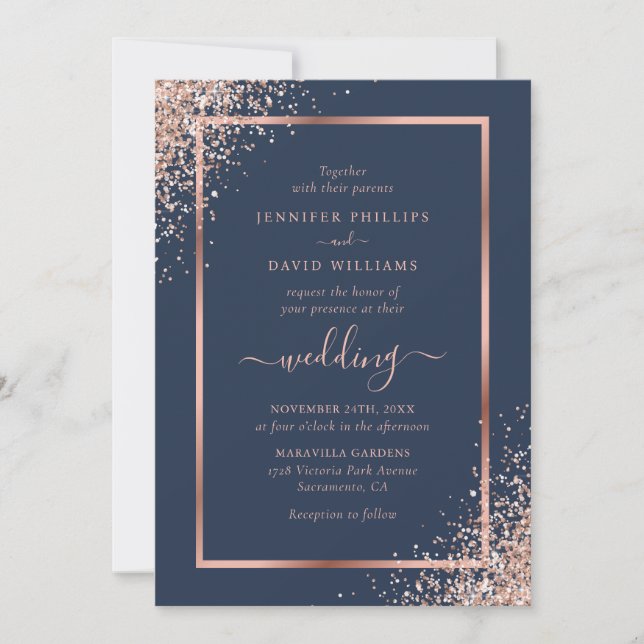 Eleganter Navy Blue und Rose Gold Glitzer Hochzeit Einladung (Vorderseite)
