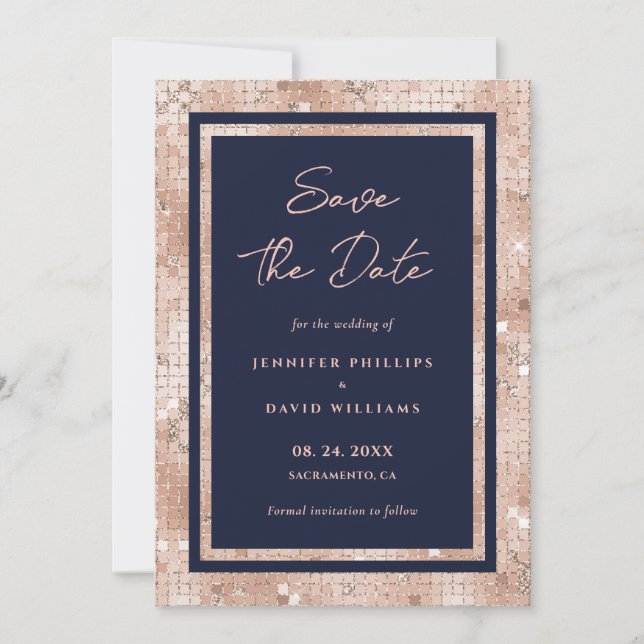 Eleganter Navy Blue und Rose Gold Glitzer Hochzeit Save The Date (Vorderseite)
