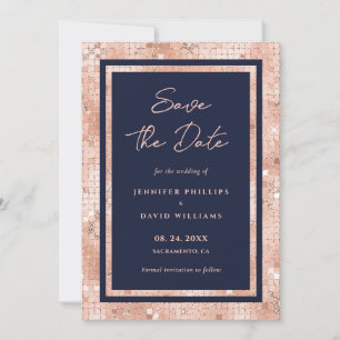 Eleganter Navy Blue und Rose Gold Glitzer Hochzeit Save The Date