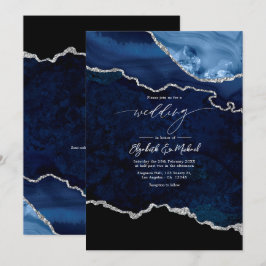 Eleganter Navy Blue und Silver Agate Wedding QR Co Einladung