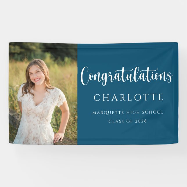 Eleganter Navy Blue White Abschluss Foto Banner (Horizontal)
