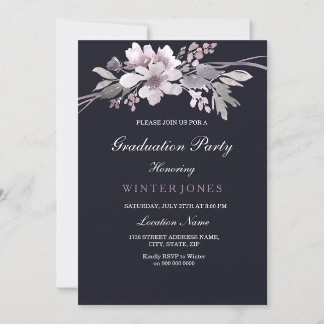 Eleganter Navy Blue Winter Floral Abschluss laden  Einladung (Vorderseite)