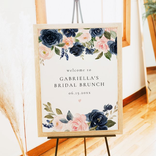 Eleganter Navy Blush Blumenbrunch Willkommen Poster (Von Creator hochgeladen)