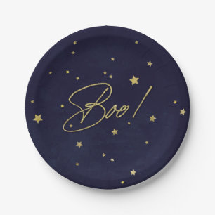 Eleganter Navy/Gold Boo! Halloween-Party Pappteller