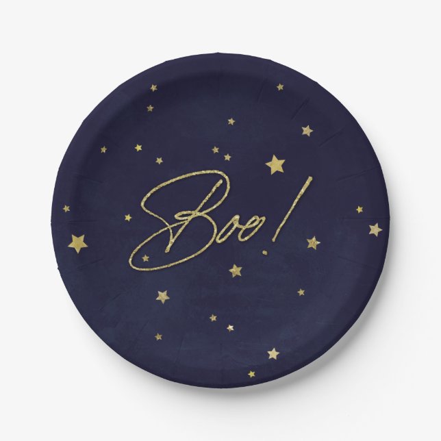 Eleganter Navy/Gold Boo! Halloween-Party Pappteller (Vorderseite)