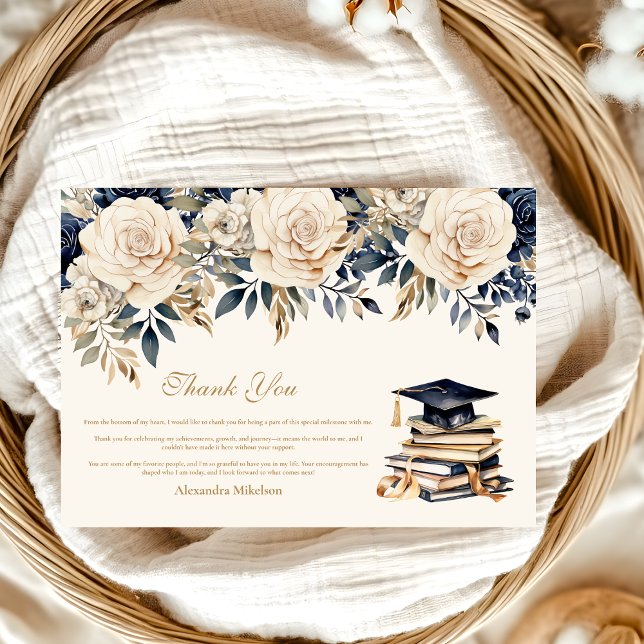 Eleganter Navy Gold Floral Abschluss Dankeskarte (Von Creator hochgeladen)