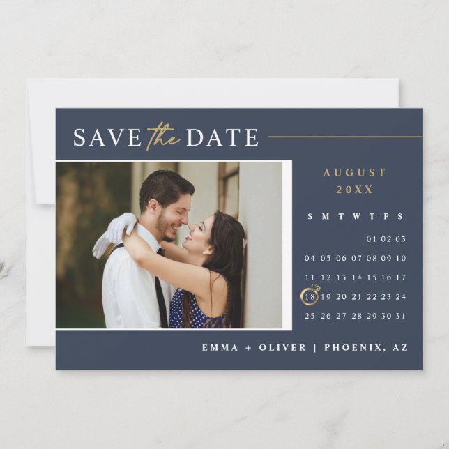 Eleganter Navy Gold Save the Date Kalender QR-Code Einladung (Vorderseite)
