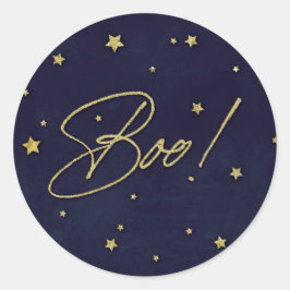 Eleganter Navy+Gold Scattered Stars Boo! Halloween Runder Aufkleber