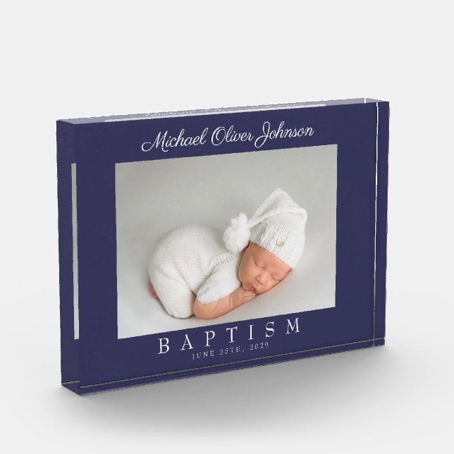 Eleganter Navy-Script-Taufen-Foto Block (Links)
