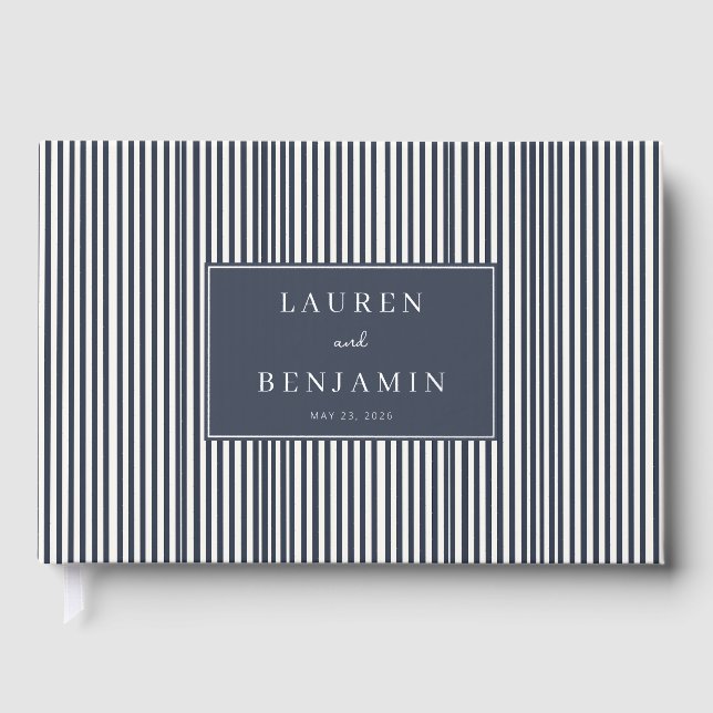 Eleganter navyblauer gestreifter Rechteckiger Rahm Gästebuch (Vorderseite)