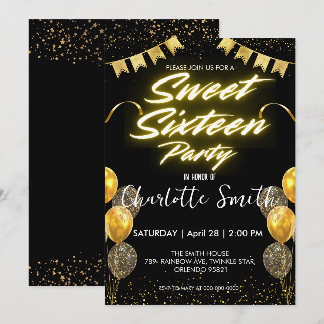 Eleganter Neon Gold Balloo Retro Sweet 16. Geburts Einladung (Vorne/Hinten)