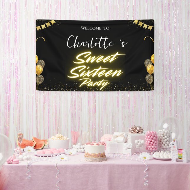 Eleganter Neon Gold Black Retro Sweet 16. Geburtst Banner (Party)