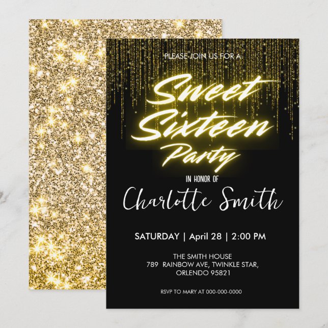 Eleganter Neon Gold Black Retro Sweet 16. Geburtst Dankeskarte (Vorne/Hinten)