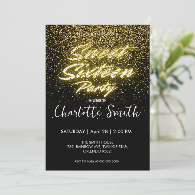 Eleganter Neon Gold Black Retro Sweet 16. Geburtst Einladung (Stehend Vorderseite)
