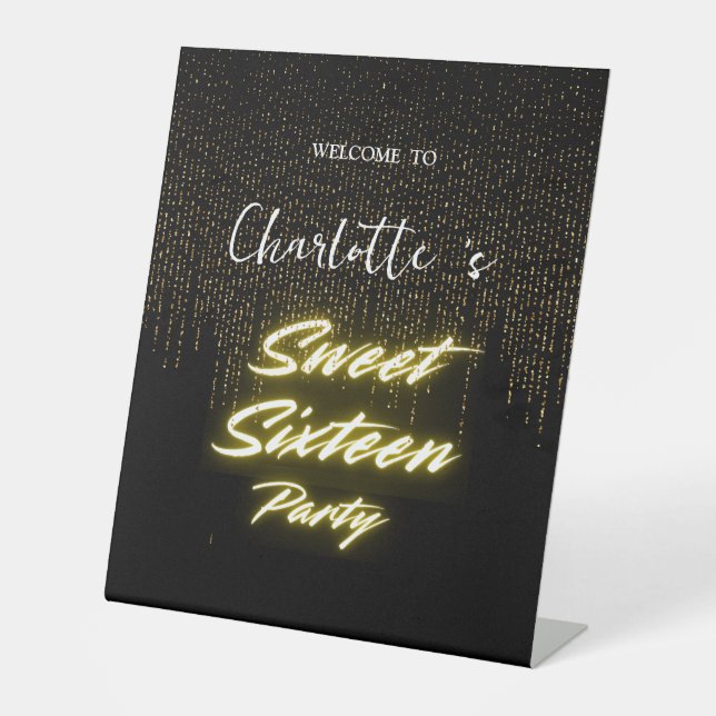 Eleganter Neon Gold Black Retro Sweet 16. Geburtst Sockelschild (Vorderseite)