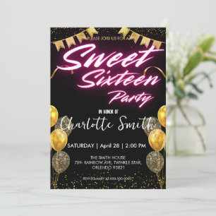 Eleganter Neon Gold rosa Retro Sweet 16. Geburtsta Einladung
