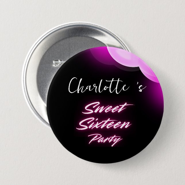 Eleganter Neon Pink Black Retro Sweet 16. Geburtst Button (Vorne & Hinten)