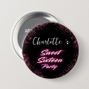 Eleganter Neon Pink Black Retro Sweet 16. Geburtst Button