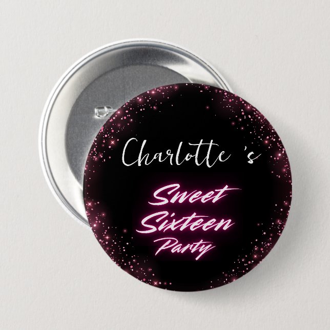 Eleganter Neon Pink Black Retro Sweet 16. Geburtst Button (Vorne & Hinten)