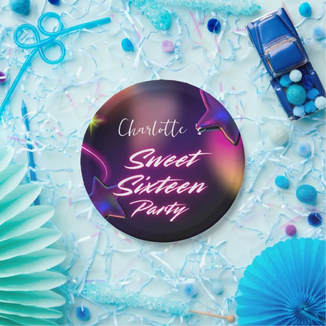 Eleganter Neon Pink Black Retro Sweet 16. Geburtst Pappteller (Party)