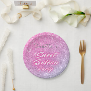 Eleganter Neon Pink Black Retro Sweet 16. Geburtst Pappteller