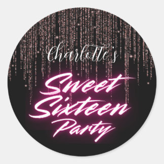 Eleganter Neon Pink Black Retro Sweet 16. Geburtst Runder Aufkleber