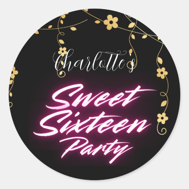 Eleganter Neon Pink Black Retro Sweet 16. Geburtst Runder Aufkleber (Vorderseite)