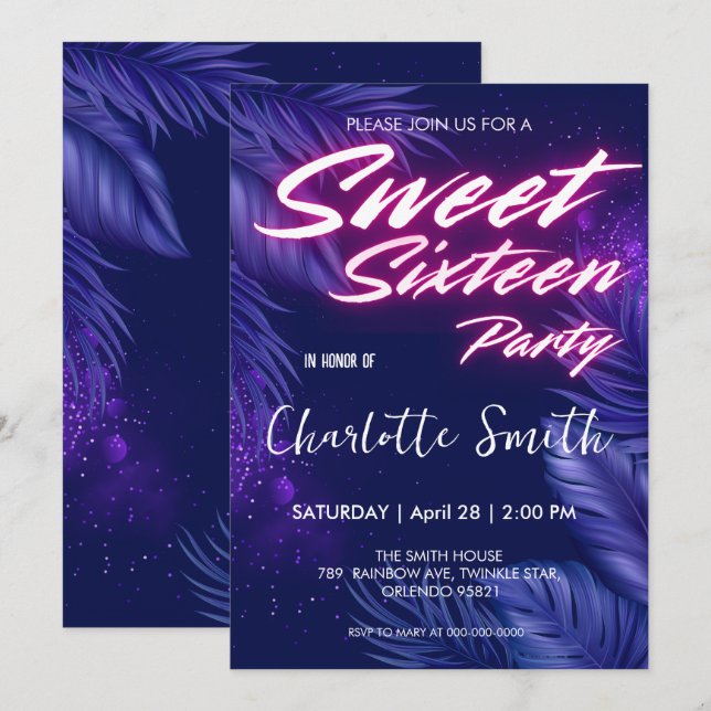 Eleganter Neon pink Blue Verlass Sweet 16. Geburts Einladung (Vorne/Hinten)