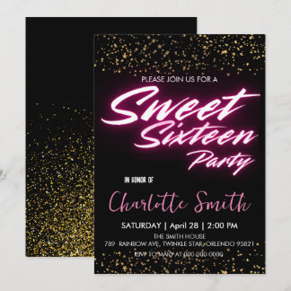 Eleganter Neon Rosa Retro Gold Sweet 16. Geburtsta Einladung