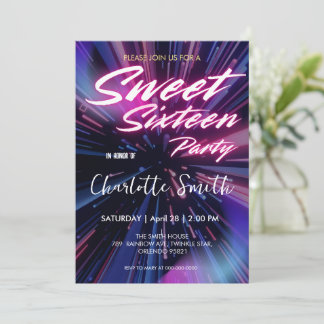 Eleganter Neon rosa Retro schwarz Sweet 16. Geburt Einladung
