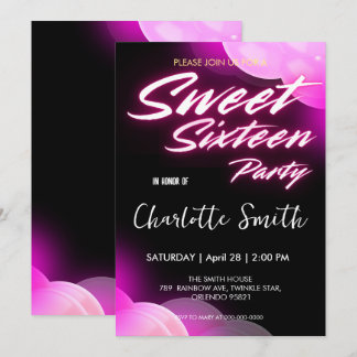 Eleganter Neon rosa Retro schwarz Sweet 16. Geburt Einladung