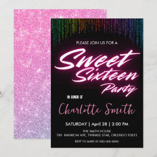 Eleganter Neon rosa Retro schwarz Sweet 16. Geburt Einladung