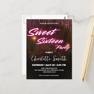 Eleganter Neon rosa Retro schwarz Sweet 16. Geburt Postkarte