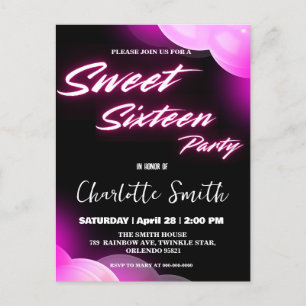 Eleganter Neon rosa Retro schwarz Sweet 16. Geburt Postkarte