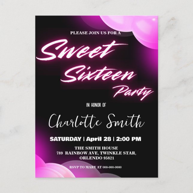 Eleganter Neon rosa Retro schwarz Sweet 16. Geburt Postkarte (Vorderseite)