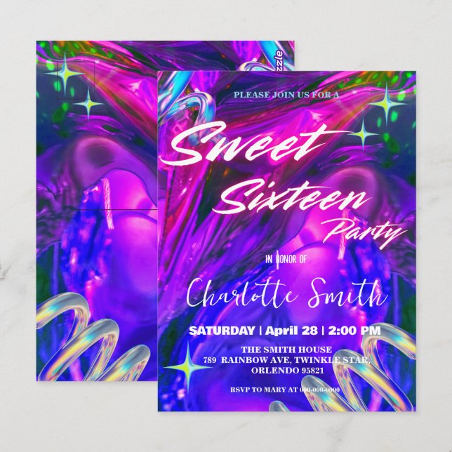 Eleganter Neon rosa Retro schwarz Sweet 16. Geburt Postkarte (Vorne/Hinten)