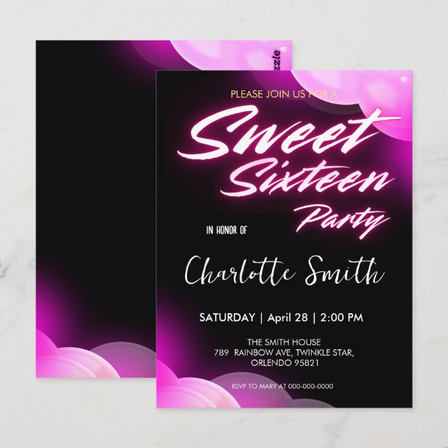 Eleganter Neon rosa Retro schwarz Sweet 16. Geburt Postkarte (Vorne/Hinten)