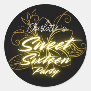 Eleganter Neongold Schwarze Blume Sweet 16. Geburt Runder Aufkleber