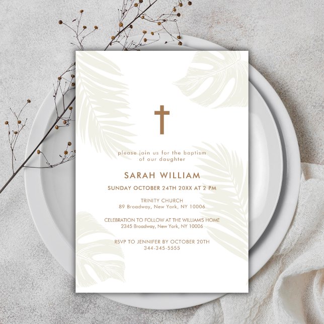 Eleganter neutraler Boho Verlasse Goldkreuz Einladung (Elegant Neutral Boho Leave Gold Cross Baptism Invitation)