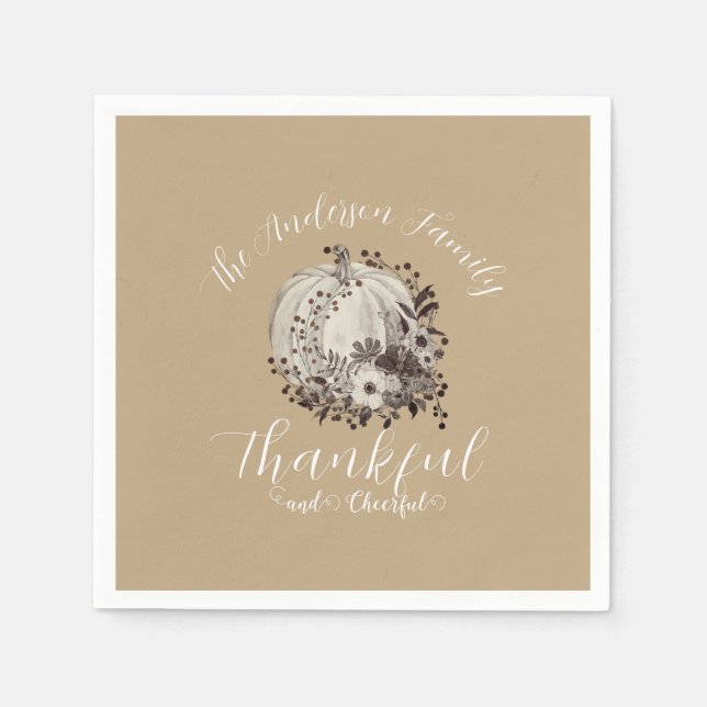 Eleganter neutraler Herbst "dankbar und fröhlich" Serviette (Vorderseite)