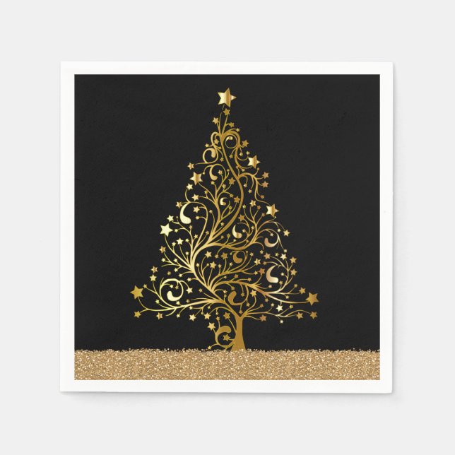 Eleganter New Years Black Gold Glitzer Serviette (Vorderseite)