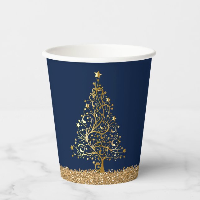 Eleganter New Years Blue Gold Glitzer Pappbecher (Vorderseite)