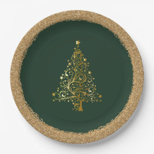 Eleganter New Years Green Gold Glitzer Pappteller