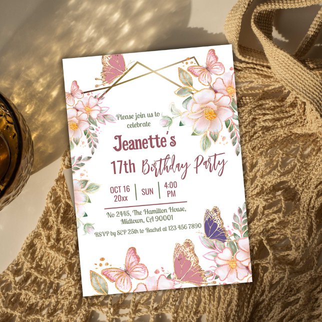 Eleganter niedlich rosa Blütenschmetterling 17. Ge Einladung (Front )