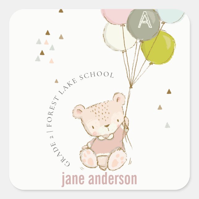 Eleganter Niedlicher Blush Bärenballon Kids Monogr Quadratischer Aufkleber (Vorderseite)