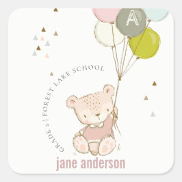 Eleganter Niedlicher Blush Bärenballon Kids Monogr Quadratischer Aufkleber