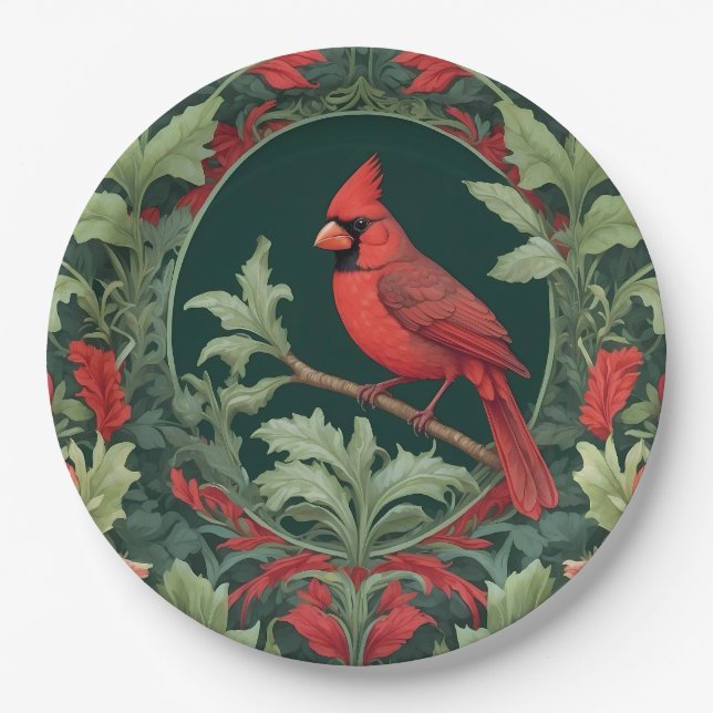 Eleganter Northern Kardinal William Morris Inspiri Pappteller (Vorderseite)