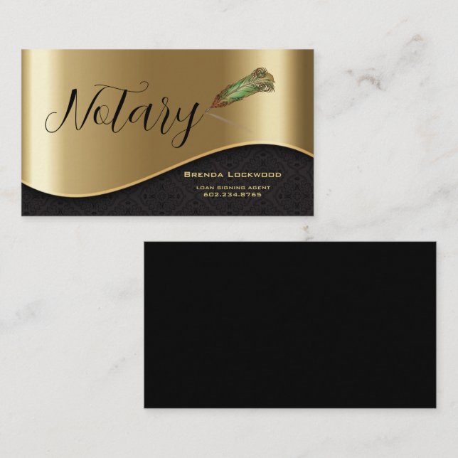 Eleganter Notar Feathered Pen Black & Gold Visitenkarte (Vorne/Hinten)