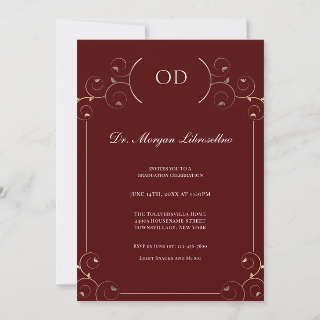 Eleganter OD Gold Burgundy Abschluss Einladung (Vorderseite)