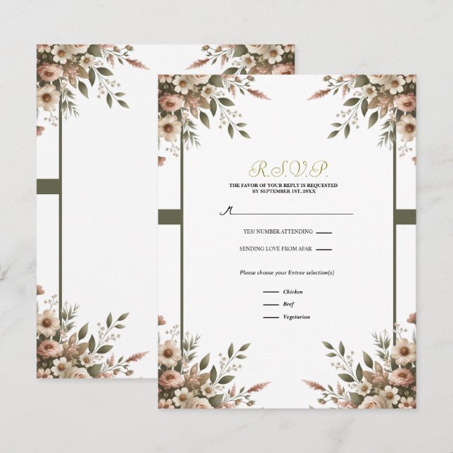 Eleganter Olive Green & White Floral Corner UAWG Einladung (Vorne/Hinten)